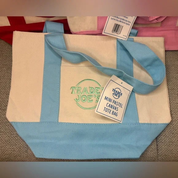 Trader Joe’s Mini Canvas Tote Bags— 2 Pastels (Pink & Blue) + 1 Red (3 total) - Picture 9 of 11